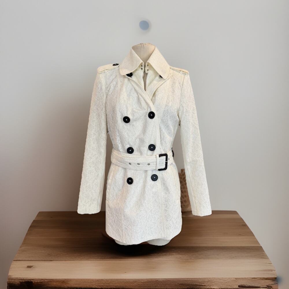 BCBGeneration Women's Ivory Lace Belted Trench Jacket Size Medium